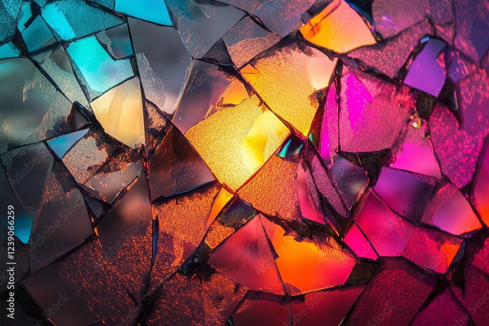Poster a cracked glass effect with light refracting in multiple colors through each piece
