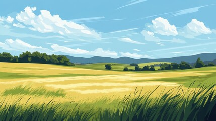 Obraz premium Serene Summer Landscape With Rolling Hills And Golden Fields