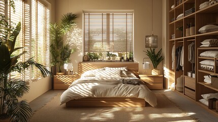 Fototapeta premium Sunlit minimalist bedroom with walk-in closet