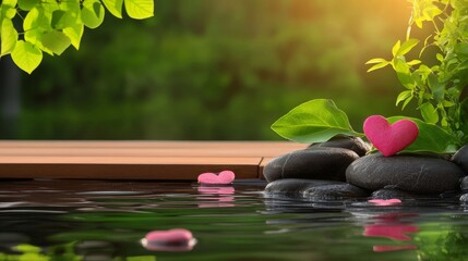 Tranquil Serenity: Pink Hearts and Zen Stones - Serene image of pink hearts near smooth zen stones in calm water, surrounded by lush green foliage.  Perfect for spa, wellness, or love themes.