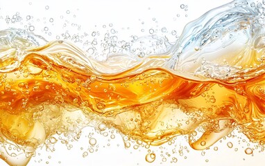 Golden and clear liquid waves, bubbles, background, refreshing drink advertisement