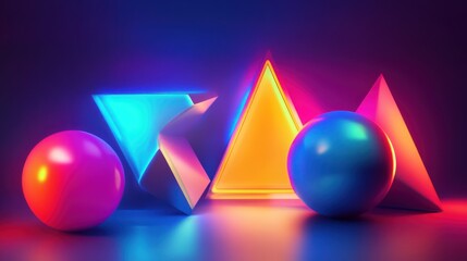 Neon-lit geometric shapes sphere, triangle, and irregular shapes in vibrant colors on a dark background.