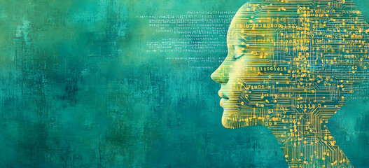 Abstract digital human profile with binary code and circuit patterns, representing artificial intelligence or machine learning concept on a blue background
