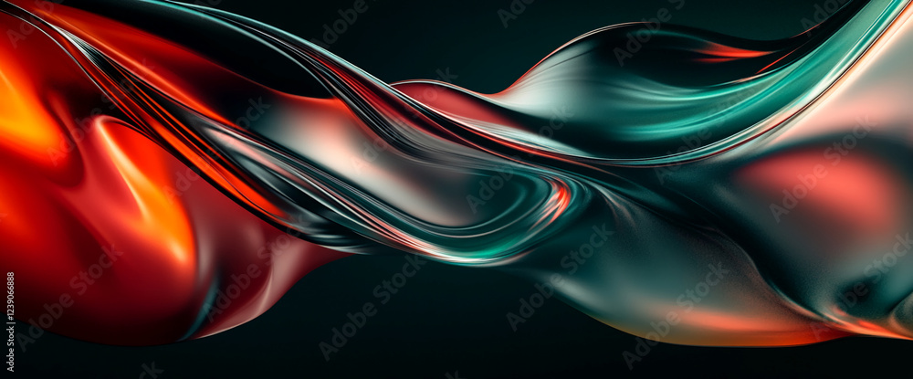 Poster a close-up abstract image of smooth, flowing red and teal fabric-like shapes merging in a sleek moti