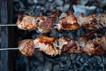 Food cooked outdoors on charcoal, hands in frame. Barbecue.