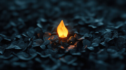 A bright orange flame dances gently, illuminated against a backdrop of dark, textured material. The warm glow contrasts sharply with the surrounding dark elements, creating a striking visual