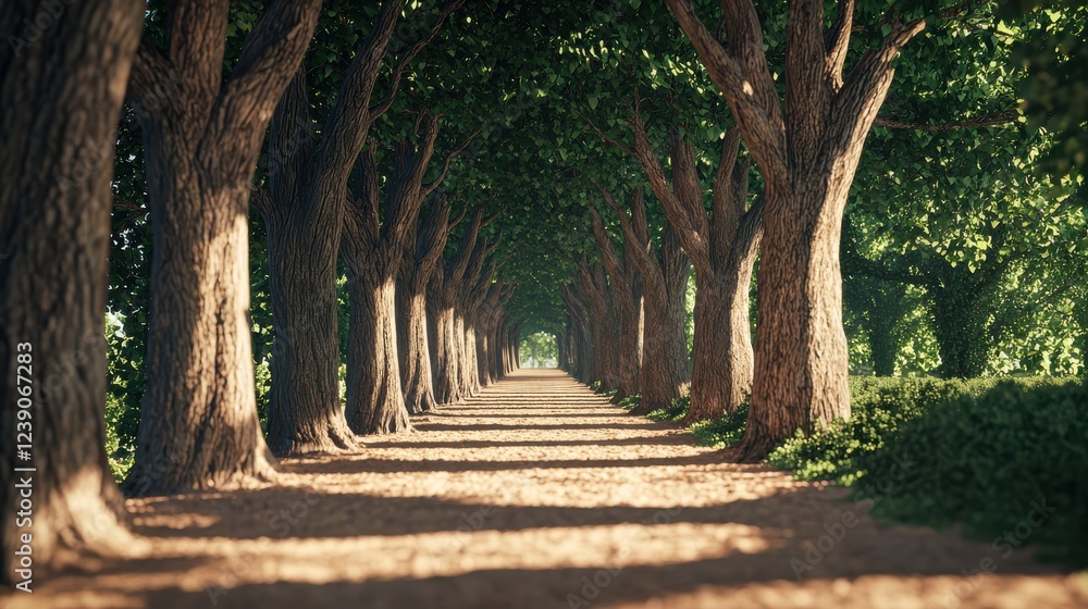 Poster A sunlit pathway lined with tall trees creates a serene and inviting atmosphere for walking and nature exploration.