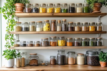 Naklejka premium Organized jars on wooden shelves filled with colorful grains, spices, and legumes in a kitchen