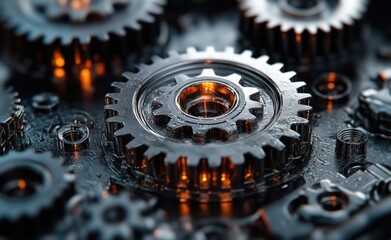 Close-up of Intricate Gears in 3D CAD Rendering of Mechanical Design and Industrial Manufacturing
