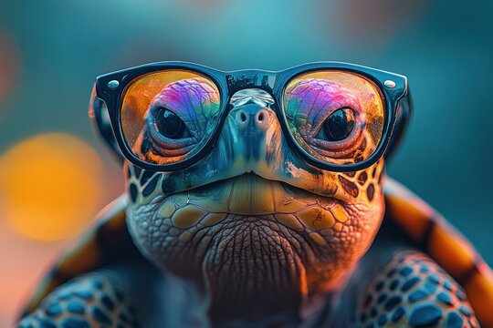 Whimsical Turtle with Colorful Glasses in Surreal Style Soft Lighting