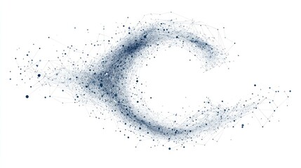 Abstract swirling particle network forming a C-shape on white background.