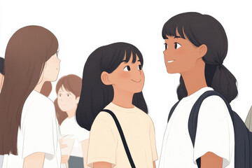 Fototapeta premium A group of girls are standing together, one of them is smiling at the camera