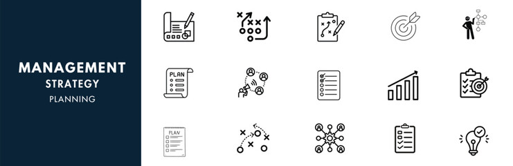 MANAGEMENT, STRATEGY, and PLANNING Outline Icon Collection. Thin Line Set contains such Icons as Vision, Mission, Values, Human Resources, Experience, and more. Simple web icons set.