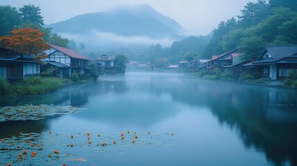 Fototapeta premium A tranquil river runs through a picturesque mountain village,