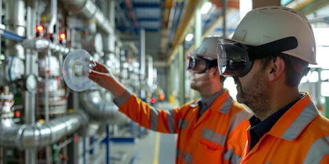 Engineers inspecting pipes with technical instruments, Industrial workers checking machinery with glasses