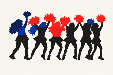 A group of cheerleaders are shown in a black and white drawing