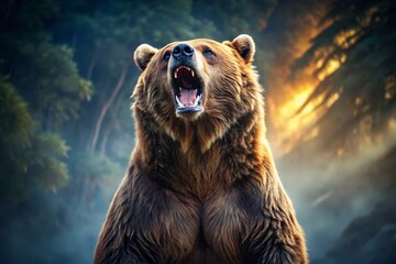 Obraz premium Majestic Grizzly Bear Roaring, Standing Tall - Wildlife Stock Photo