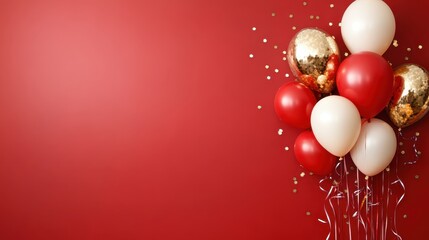 A beautiful arrangement of shimmering and matte balloons stands out against a red backdrop, embodying celebration, joy, and festive vibes.