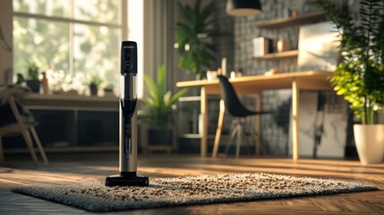 A stylish vacuum cleaner stands on a cozy rug in a warmly lit living room, showcasing a blend of modern design and functionality.