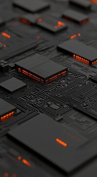 Futuristic Circuit Board with Glowing Orange Lights and Chips