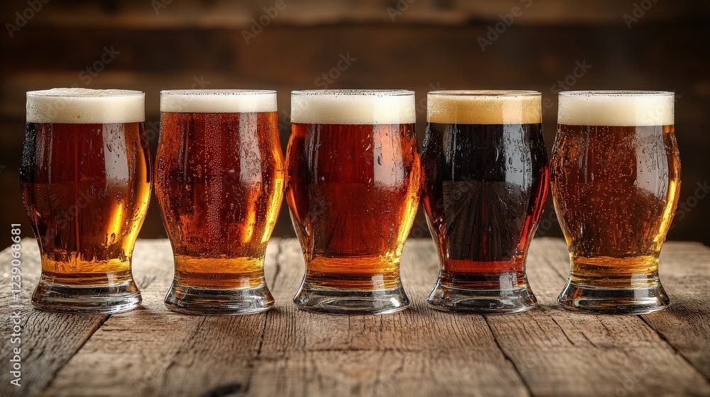 Poster five glasses of various beer types displayed on a wooden table with a rustic background