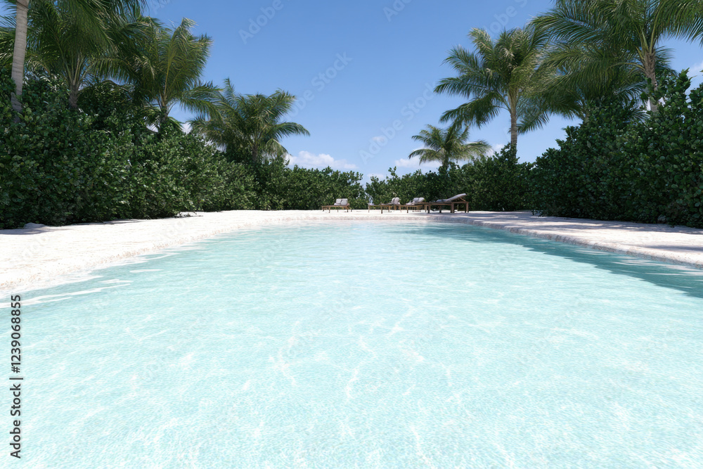 Poster a pool with a few chairs and a few palm trees in the background