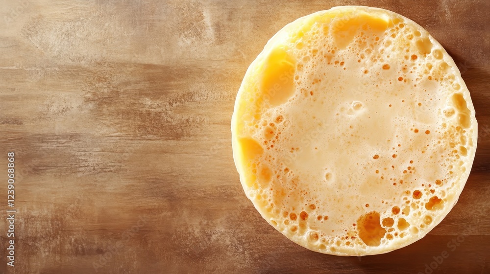 Poster a close-up view of a round cheese with bubbles on a rustic wooden surface, illustrating the delightf