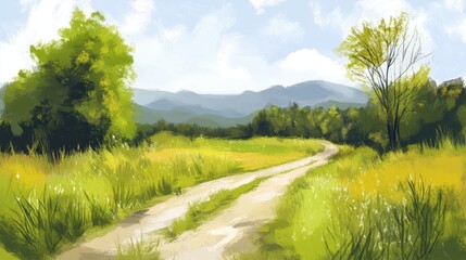 Fototapeta premium Serene Country Road Winding Through Lush Green Fields And Mountains