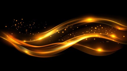 Abstract gold glowing waves with sparkles on black background.