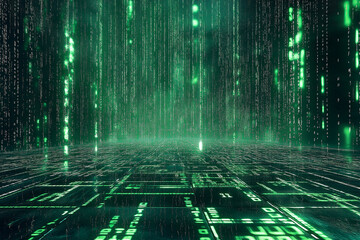 A digital matrix landscape, glowing green numbers cascading like rain