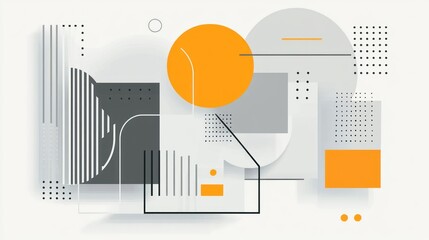 Abstract geometric shapes, orange, gray, white background.