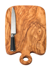 Knife on cutting board isolated on white