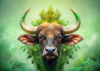 Naklejka premium Majestic Indian Guar: Double Exposure Horned Close-Up
