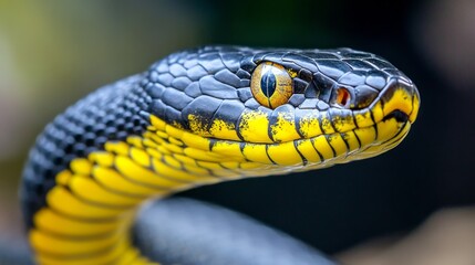 Fototapeta premium Yellow and Black Snake Close Up - Detailed close-up of a snake with vibrant yellow and black scales. Its eye is sharp and focused.