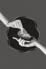 Composite photo collage of hands holding smartphone online communicating chatterbox comments...