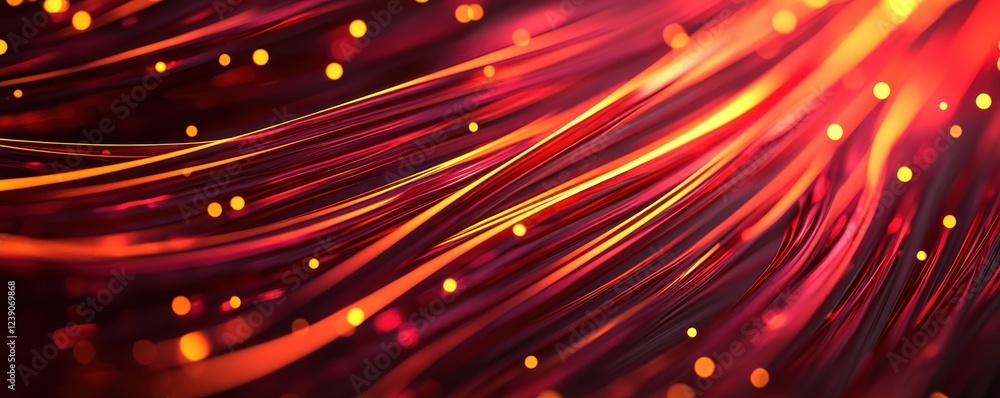 Fototapete A vibrant display of flowing red and orange light strands, dotted with glowing particles, creating a dynamic and energetic atmosphere.