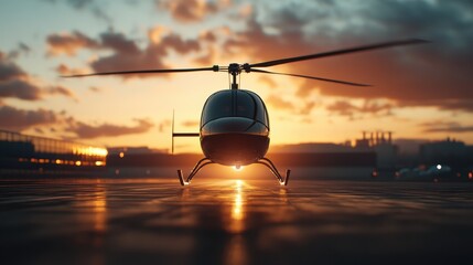 This captivating image features a helicopter framed against a vibrant sunset horizon, embodying the essence of adventure, exploration, and skyward journeys.