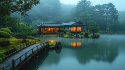 Fototapeta premium A tranquil Japanese garden scene featuring a serene pond with scattered autumn leaves,