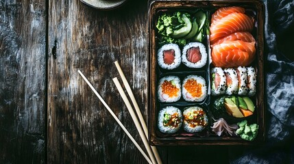 Fresh Sushi Platter with Assorted Rolls and Slices on Wooden Table