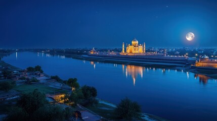 Taj Mahal Night View Moonlit River Reflection