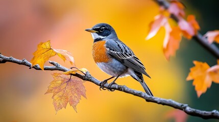 Obraz premium Autumn Bird on Branch - A vibrant bird perched on a tree branch amidst autumn leaves. Symbolizing change, beauty, nature, tranquility, and the season's transition.