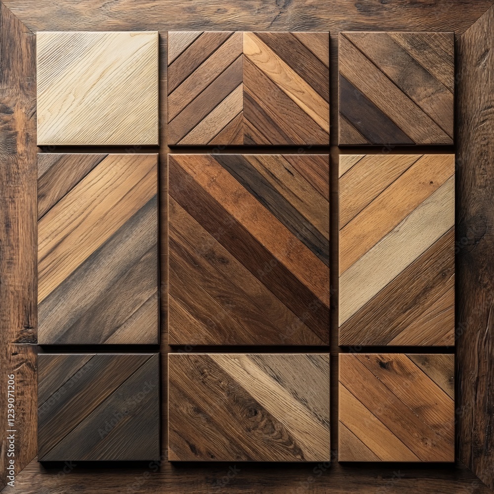 Poster nine square wooden tiles with diagonal patterns and varying shades of brown creating a warm texture
