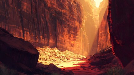 Dramatic canyon view, vibrant orange and yellow hues reflecting off water, capturing nature's raw beauty and tranquility.