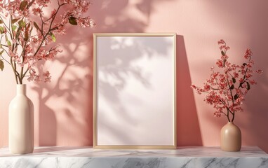 Elegant photo frame mockup placed on a stylish marble surface, designed for customized branding or messages for Valentines Day, 8 March, and International Womens Day