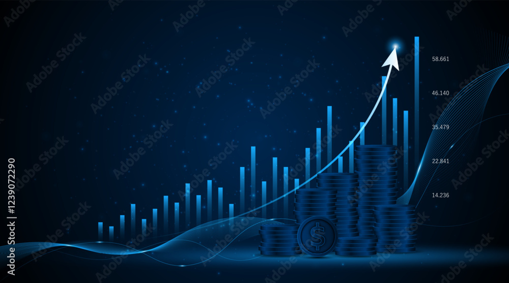 Poster stack of coins and financial growth graph of business or profitable investment idea. the arrow incre