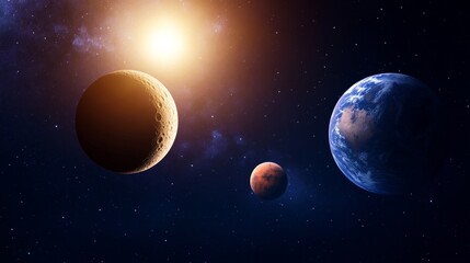 Celestial Bodies in Space - Stunning view of three planets orbiting a bright star in the vast expanse of space.