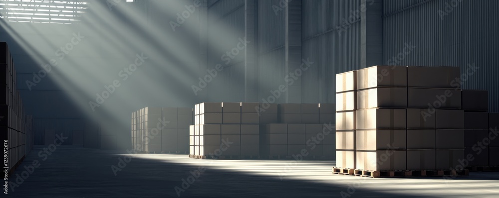 Poster a warehouse interior with wooden pallets stacked, illuminated by rays of sunlight filtering through 