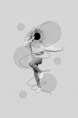 Collage photo of young headless girl wear stylish oversize shirt denim jeans dancing flower face...