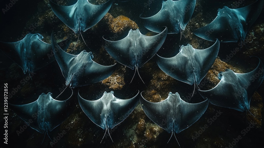 Poster a breathtaking display of multiple manta rays gliding gracefully underwater