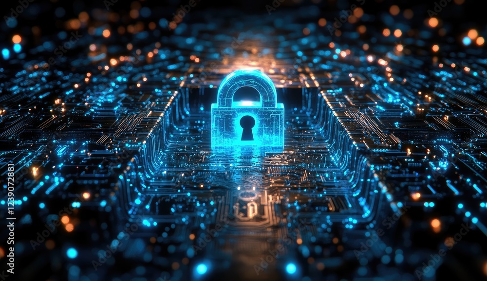 Poster abstract digital art depicting a glowing blue padlock at the center of a circuit board, surrounded b